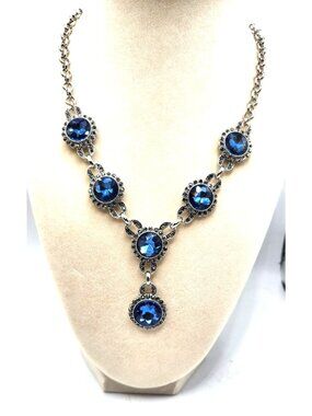 Vintage-Style Silver Tone  Necklace With Blue Rhinestone Accents & Drop Pendant